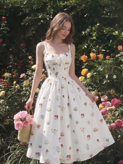Skyraze Women's White Floral Summer Modest Tropical Picnic Vacation Dress, Tie-Front Ruched Waist Chic Spaghetti Strap A Line Midi Elegant Party Graduation