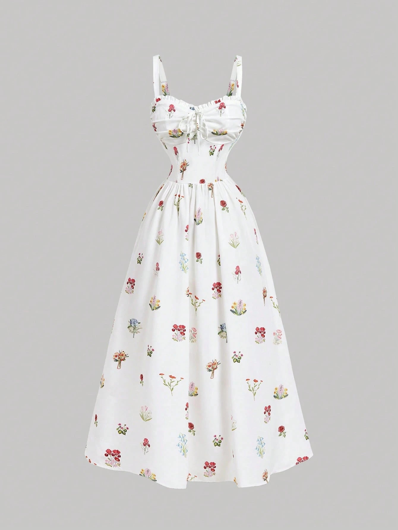 Skyraze Women's White Floral Summer Modest Tropical Picnic Vacation Dress, Tie-Front Ruched Waist Chic Spaghetti Strap A Line Midi Elegant Party Graduation