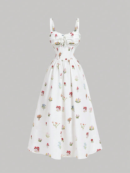 Skyraze Women's White Floral Summer Modest Tropical Picnic Vacation Dress, Tie-Front Ruched Waist Chic Spaghetti Strap A Line Midi Elegant Party Graduation