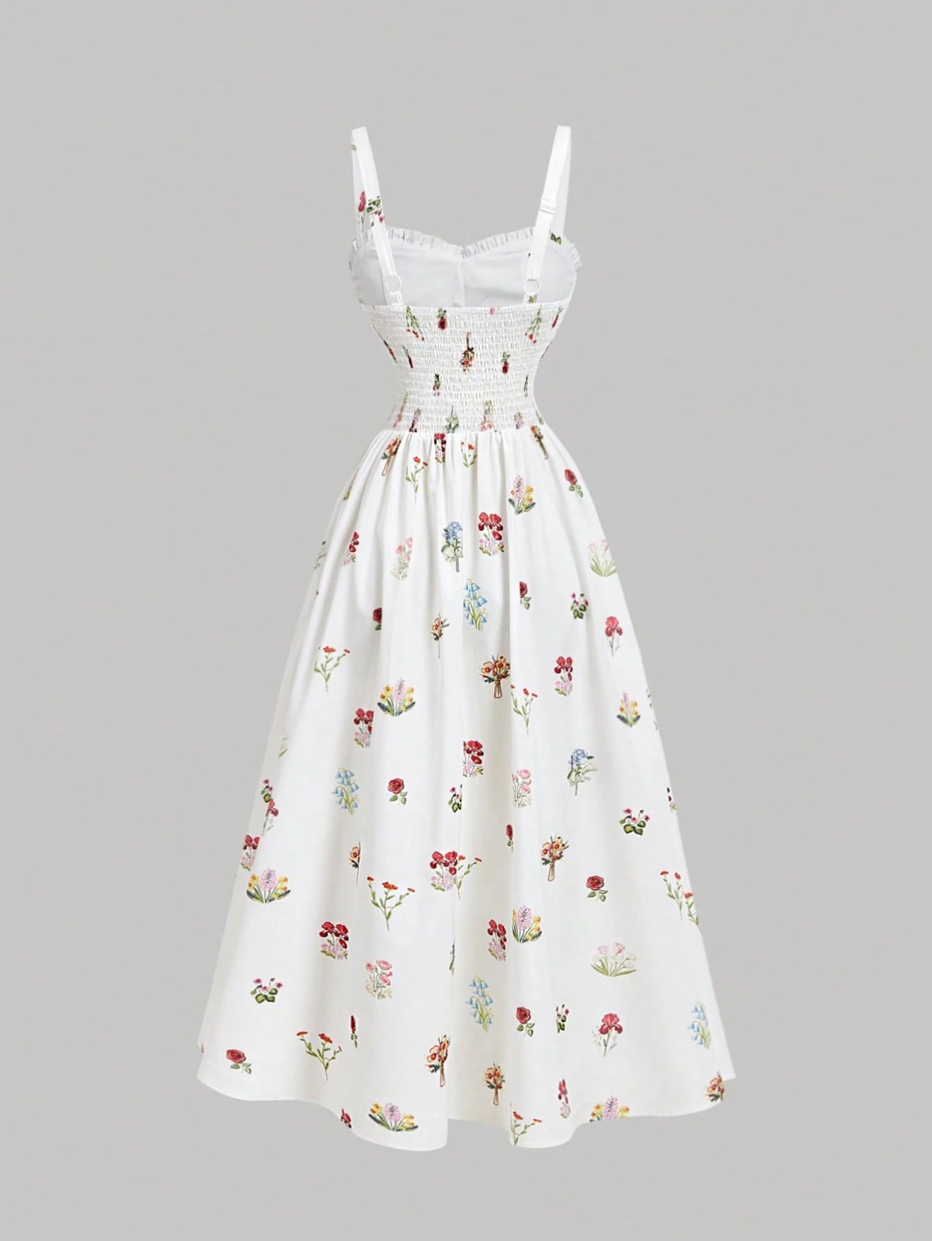 Skyraze Women's White Floral Summer Modest Tropical Picnic Vacation Dress, Tie-Front Ruched Waist Chic Spaghetti Strap A Line Midi Elegant Party Graduation