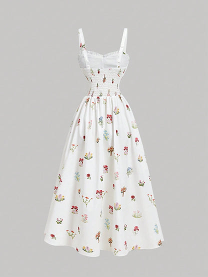 Skyraze Women's White Floral Summer Modest Tropical Picnic Vacation Dress, Tie-Front Ruched Waist Chic Spaghetti Strap A Line Midi Elegant Party Graduation
