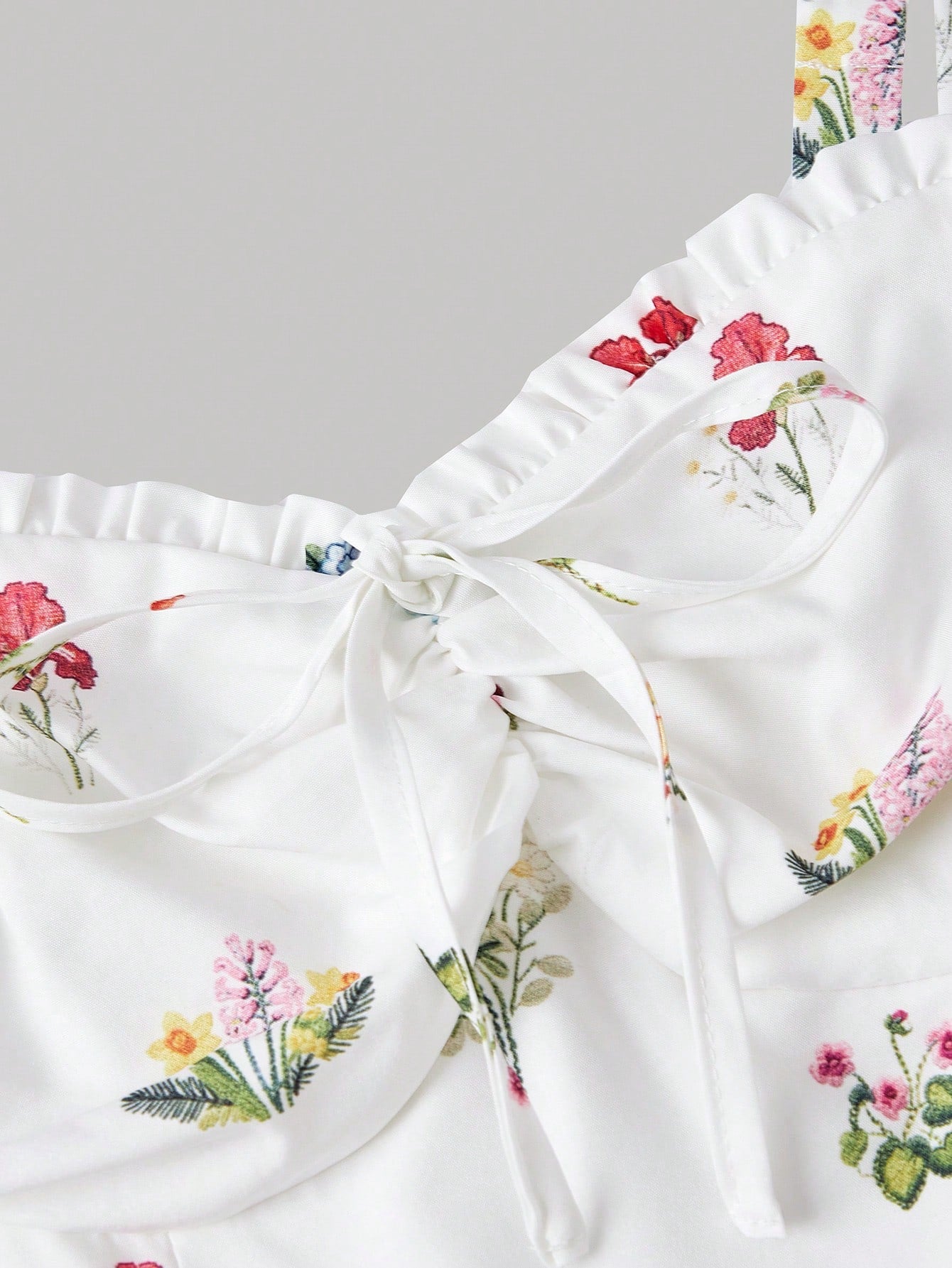 Skyraze Women's White Floral Summer Modest Tropical Picnic Vacation Dress, Tie-Front Ruched Waist Chic Spaghetti Strap A Line Midi Elegant Party Graduation