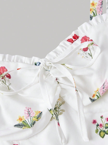Skyraze Women's White Floral Summer Modest Tropical Picnic Vacation Dress, Tie-Front Ruched Waist Chic Spaghetti Strap A Line Midi Elegant Party Graduation