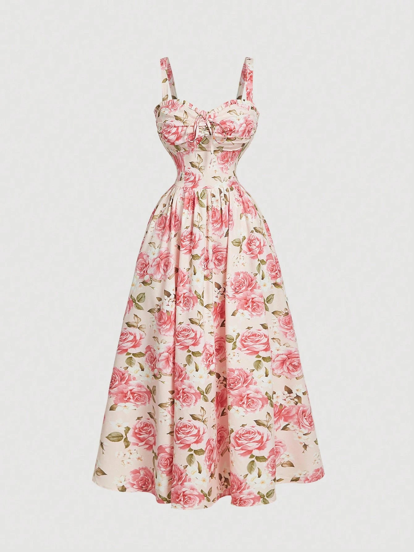 Skyraze Women's White Floral Summer Modest Tropical Picnic Vacation Dress, Tie-Front Ruched Waist Chic Spaghetti Strap A Line Midi Elegant Party Graduation