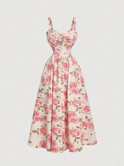 Skyraze Women's White Floral Summer Modest Tropical Picnic Vacation Dress, Tie-Front Ruched Waist Chic Spaghetti Strap A Line Midi Elegant Party Graduation