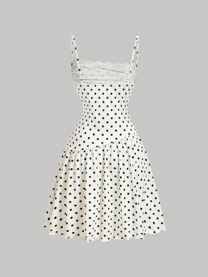 Skyraze Women's White With Black Polka Dots Lace Ruffle Strap Mini Dress,Modest Vintage Ruffled Hem Camisole,Y2K Flirty Summer Picnic Vacation Retro Dresses