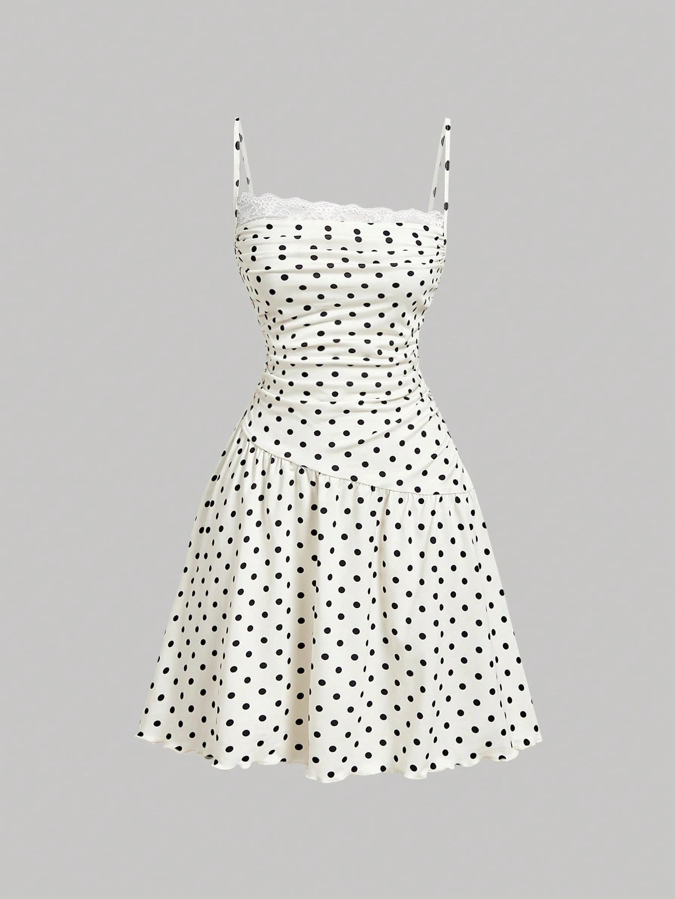Skyraze Women's White With Black Polka Dots Lace Ruffle Strap Mini Dress,Modest Vintage Ruffled Hem Camisole,Y2K Flirty Summer Picnic Vacation Retro Dresses