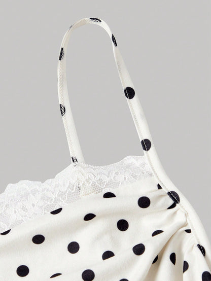 Skyraze Women's White With Black Polka Dots Lace Ruffle Strap Mini Dress,Modest Vintage Ruffled Hem Camisole,Y2K Flirty Summer Picnic Vacation Retro Dresses