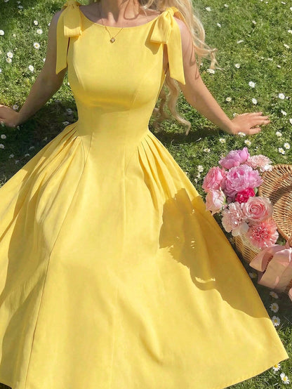 Skyraze Women's Yellow Elegant Romantic Tea Party Picnic Dress, Summer Bow Decor Pleated Beach Dress, Wedding Guest Outfit, Victorian Vintage Boho Garden