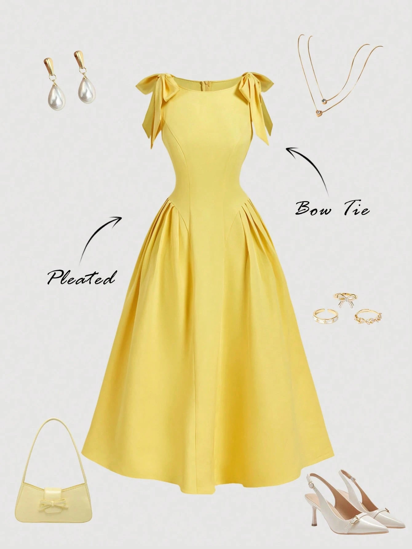 Skyraze Women's Yellow Elegant Romantic Tea Party Picnic Dress, Summer Bow Decor Pleated Beach Dress, Wedding Guest Outfit, Victorian Vintage Boho Garden