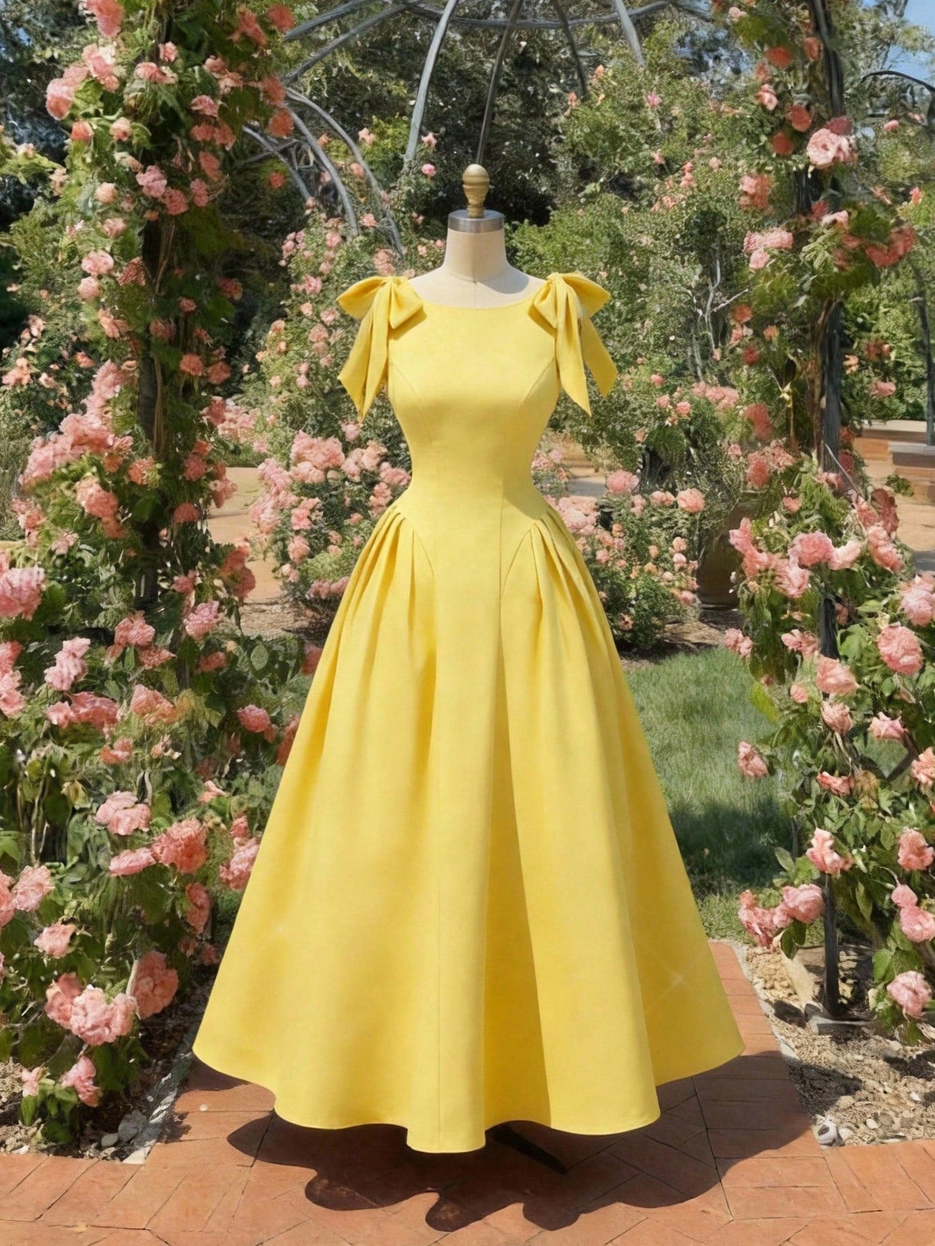 Skyraze Women's Yellow Elegant Romantic Tea Party Picnic Dress, Summer Bow Decor Pleated Beach Dress, Wedding Guest Outfit, Victorian Vintage Boho Garden
