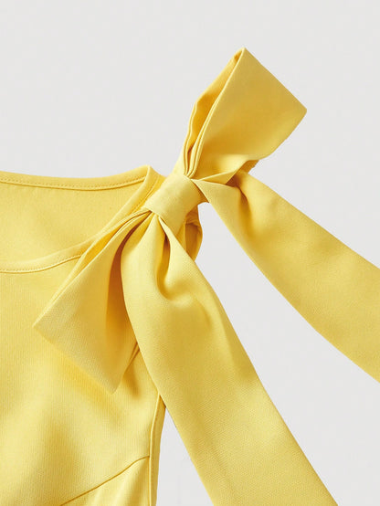 Skyraze Women's Yellow Elegant Romantic Tea Party Picnic Dress, Summer Bow Decor Pleated Beach Dress, Wedding Guest Outfit, Victorian Vintage Boho Garden