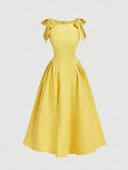 Skyraze Women's Yellow Elegant Romantic Tea Party Picnic Dress, Summer Bow Decor Pleated Beach Dress, Wedding Guest Outfit, Victorian Vintage Boho Garden