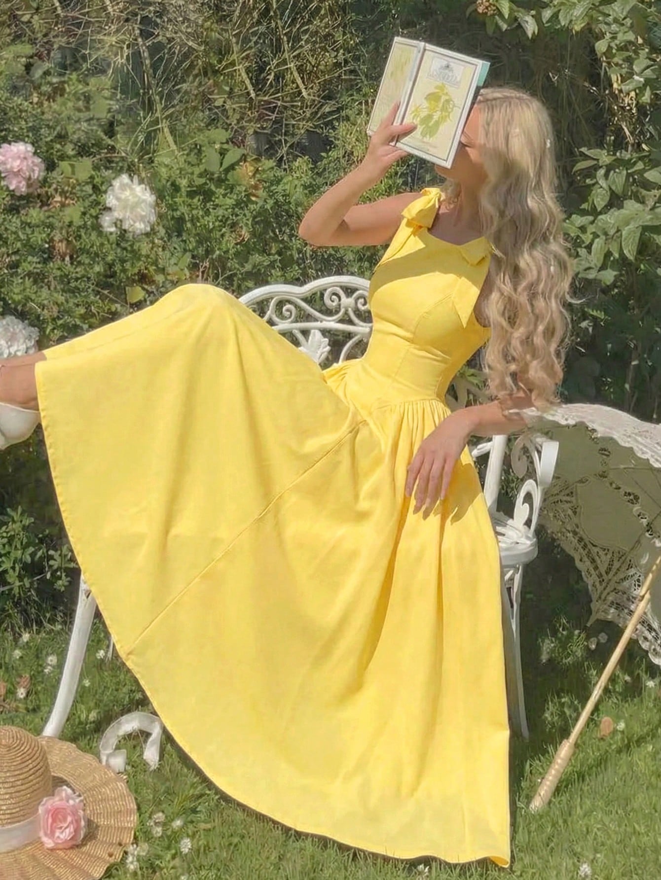 Skyraze Women's Yellow Elegant Romantic Tea Party Picnic Dress, Summer Bow Decor Pleated Beach Dress, Wedding Guest Outfit, Victorian Vintage Boho Garden