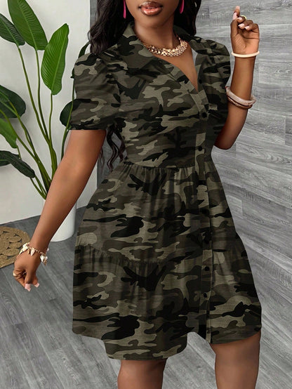 Slaydiva 2025 Summer/Autumn New Women's Vacation Dress Forest Camouflage Print Casual Minimalist Ladies Mini Everyday Beach Going Out Dark Green