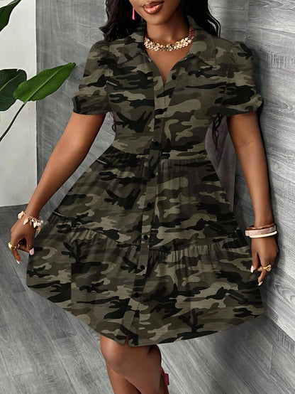 Slaydiva 2025 Summer/Autumn New Women's Vacation Dress Forest Camouflage Print Casual Minimalist Ladies Mini Everyday Beach Going Out Dark Green