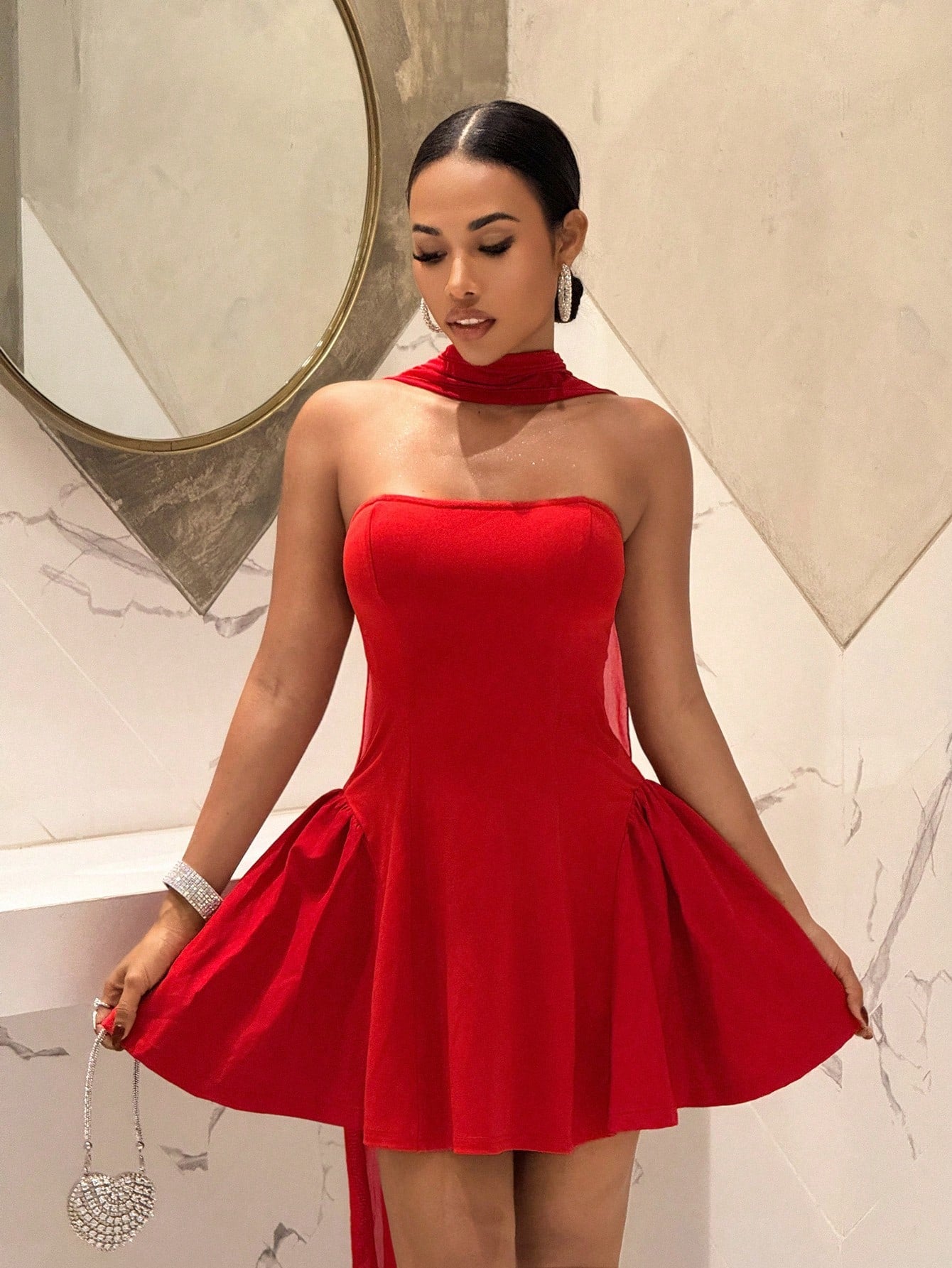 Slaydiva 2025 Women's Elegant Red Strapless A-Line Princess Mini Dress,French Style Short Party,Birthday,Cocktail,Wedding & Summer Dress,Red Casual Club Dress