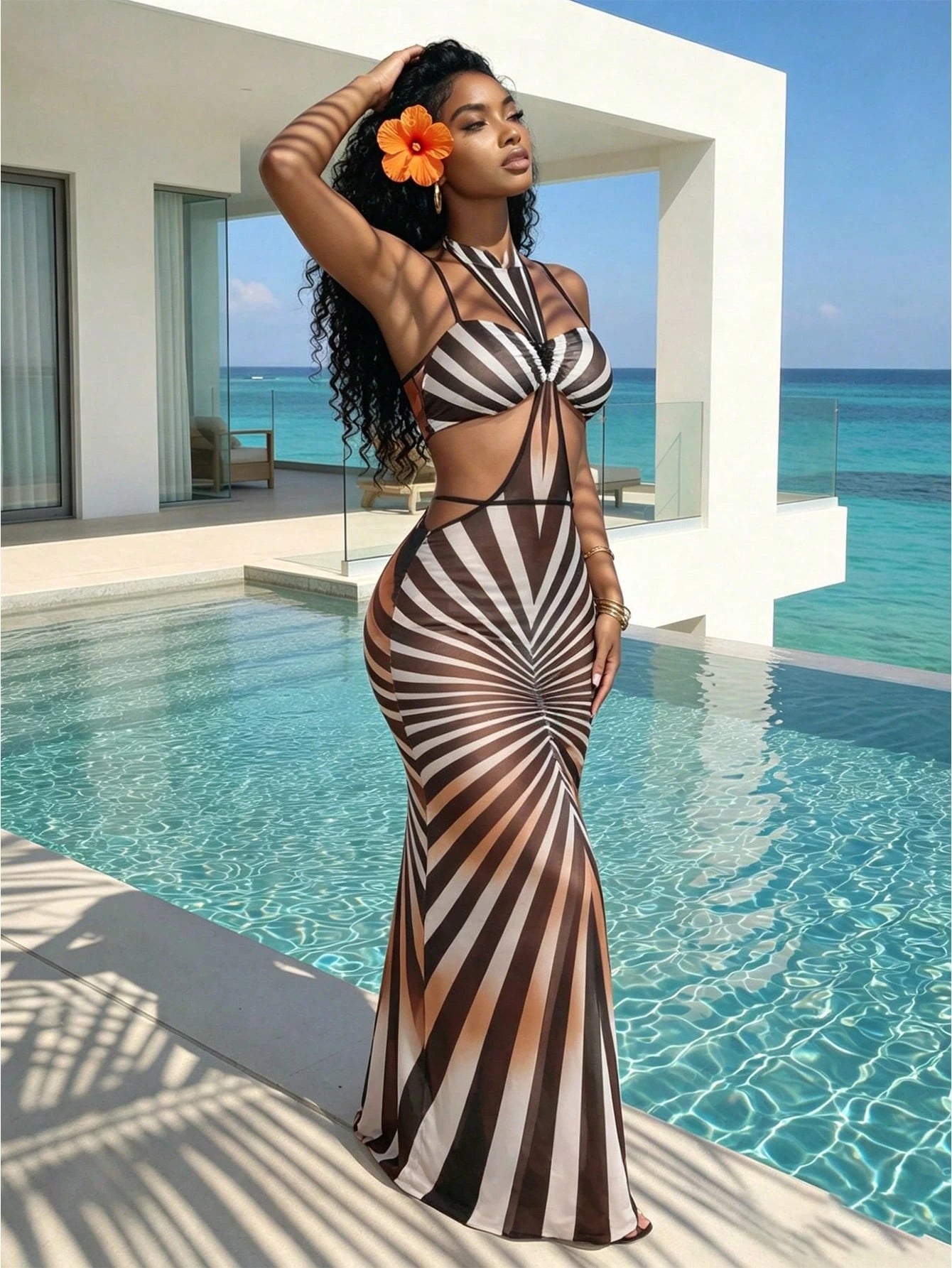 Slaydiva 2026 Casual Beach Vacation Elegant Unique Collar Neckline, Chest Cutout, Waist Tie Side Hollow, Striped Print Dress Style Cover-Up Summer