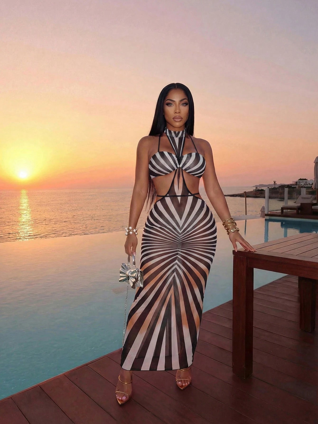 Slaydiva 2026 Casual Beach Vacation Elegant Unique Collar Neckline, Chest Cutout, Waist Tie Side Hollow, Striped Print Dress Style Cover-Up Summer
