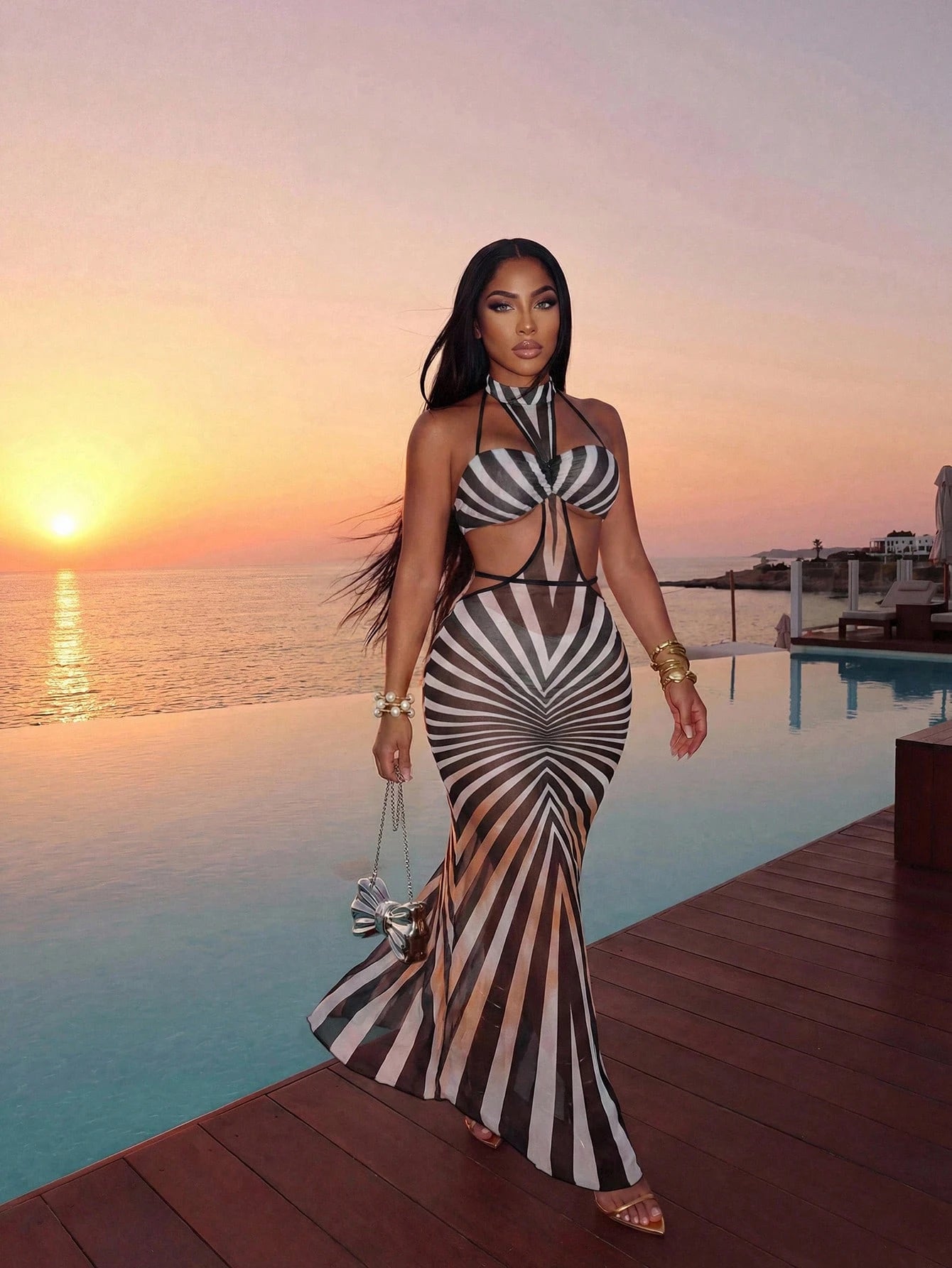 Slaydiva 2026 Casual Beach Vacation Elegant Unique Collar Neckline, Chest Cutout, Waist Tie Side Hollow, Striped Print Dress Style Cover-Up Summer