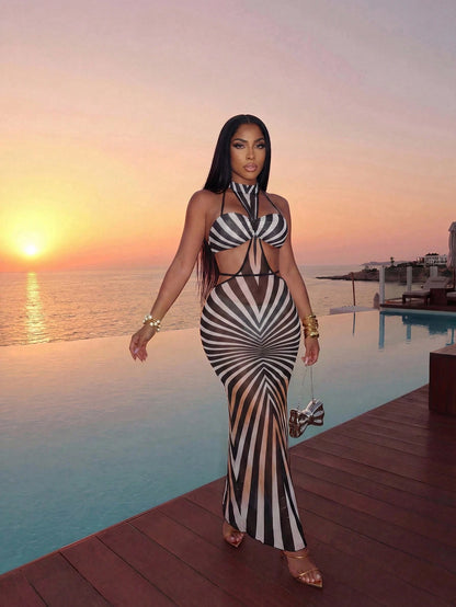 Slaydiva 2026 Casual Beach Vacation Elegant Unique Collar Neckline, Chest Cutout, Waist Tie Side Hollow, Striped Print Dress Style Cover-Up Summer