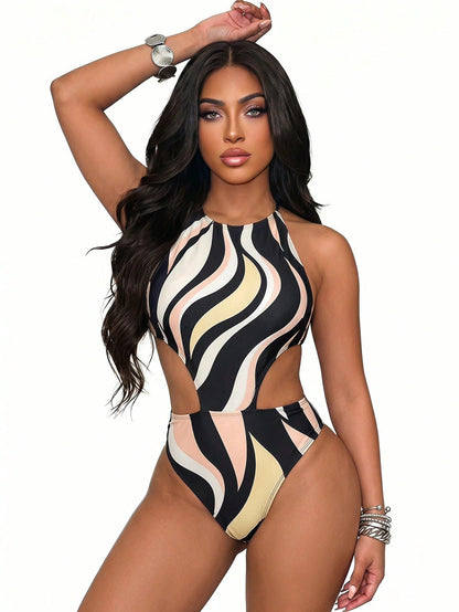 Slaydiva 2026 New Arrival Elegant Striped Print High Neck One-Piece Swimsuit, Women Casual Resort Beach One-Piece Swimsuit