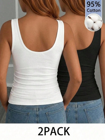 Slaydiva 2pcs Women Casual Scoop Neck Ruched Waist Fitted Tank Top Set, Versatile For Daily Wear, 95% Cotton, Suitable For All Seasons Indoor And Outdoor, Vintage, Cute Summer Tops, Softgirl, Summer O