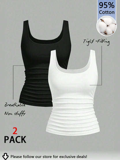 Slaydiva 2pcs Women Casual Scoop Neck Ruched Waist Fitted Tank Top Set, Versatile For Daily Wear, 95% Cotton, Suitable For All Seasons Indoor And Outdoor, Vintage, Cute Summer Tops, Softgirl, Summer O