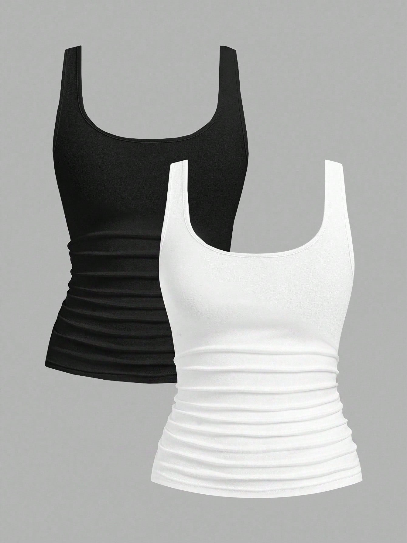 Slaydiva 2pcs Women Casual Scoop Neck Ruched Waist Fitted Tank Top Set, Versatile For Daily Wear, 95% Cotton, Suitable For All Seasons Indoor And Outdoor, Vintage, Cute Summer Tops, Softgirl, Summer O