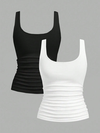 Slaydiva 2pcs Women Casual Scoop Neck Ruched Waist Fitted Tank Top Set, Versatile For Daily Wear, 95% Cotton, Suitable For All Seasons Indoor And Outdoor, Vintage, Cute Summer Tops, Softgirl, Summer O