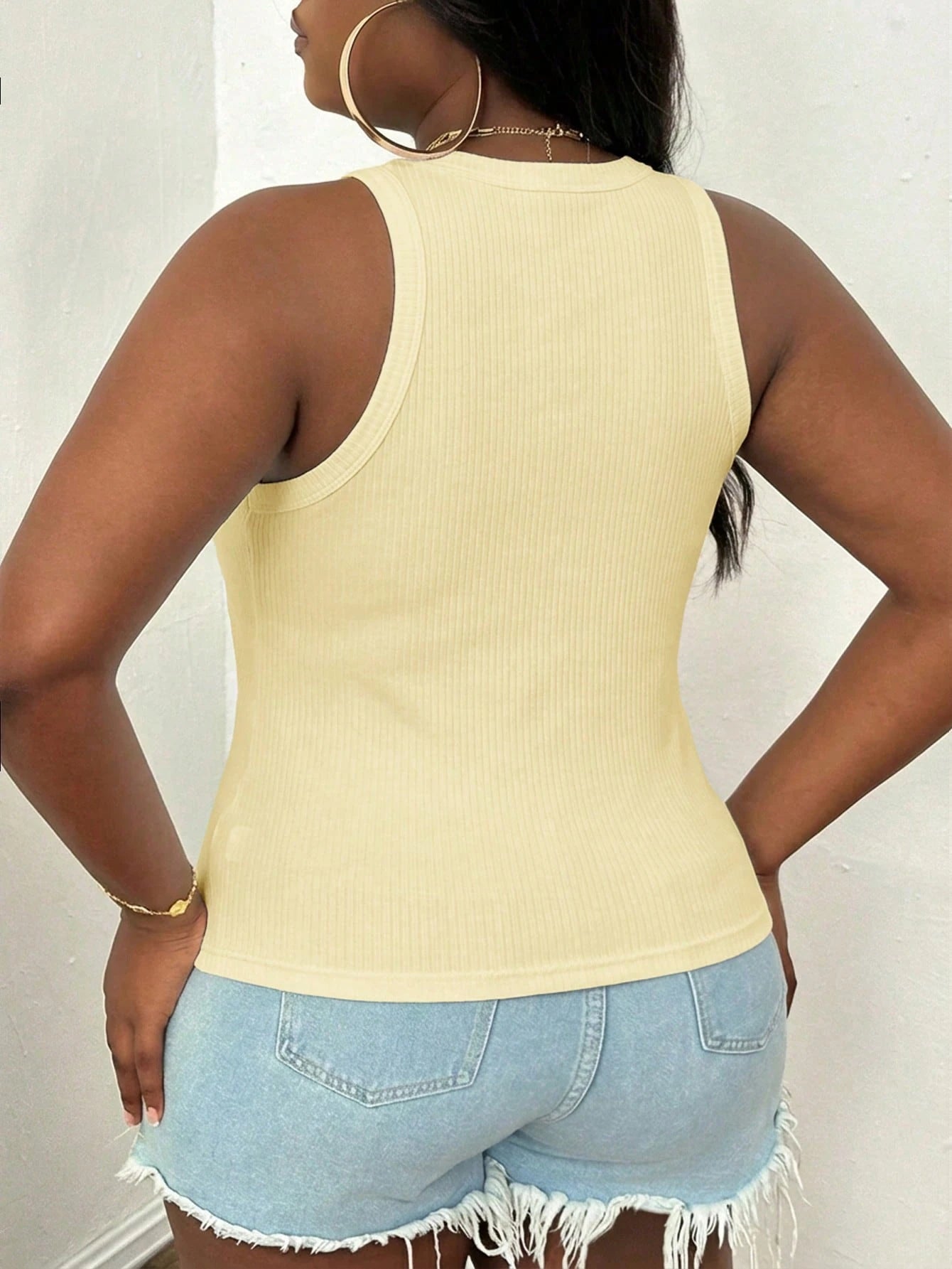 Slaydiva 92% Cotton Ribbed Tank Top Plus Size Casual Basic Fitted Yellow Round Neck Off Shoulder Vest
