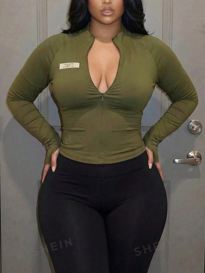 Slaydiva Autumn Casual Sports Simple Small Stand-Up Collar Half Zipper Thumb Cuffs Long Sleeves Patch Decoration Raglan Sleeves Slim Yoga Wear Military Green Knitted Women's Top-E.