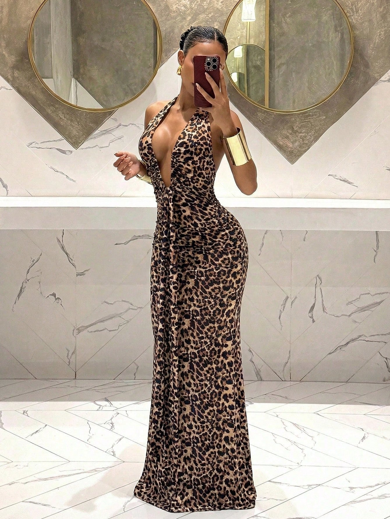 Slaydiva Beige Summer 70s Party Night Vacation Elegant Sexy Deep V-Neck Mermaid Dress Leopard Print Suitable For Birthday Bar Nightclub Valentine's Day Women