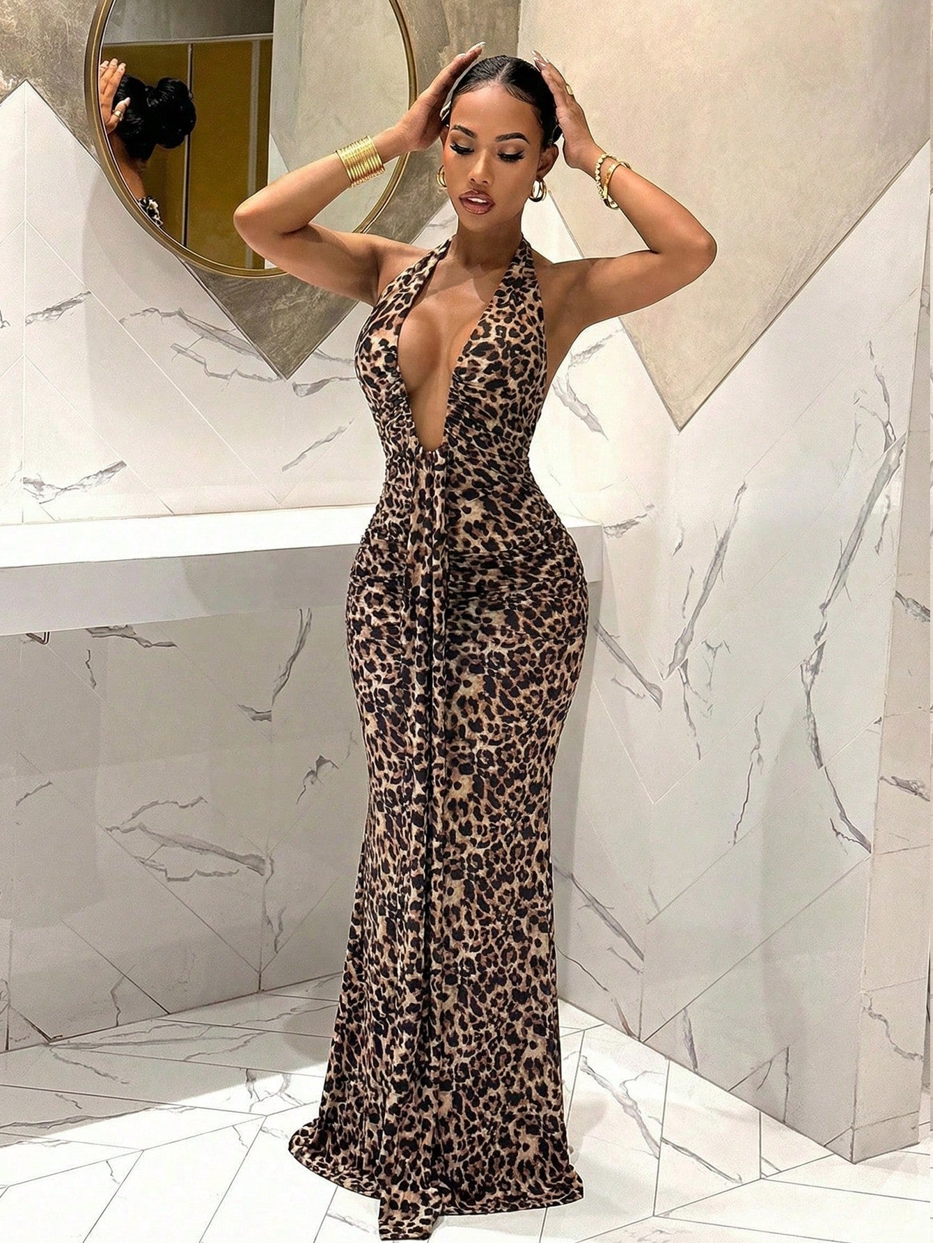 Slaydiva Beige Summer 70s Party Night Vacation Elegant Sexy Deep V-Neck Mermaid Dress Leopard Print Suitable For Birthday Bar Nightclub Valentine's Day Women