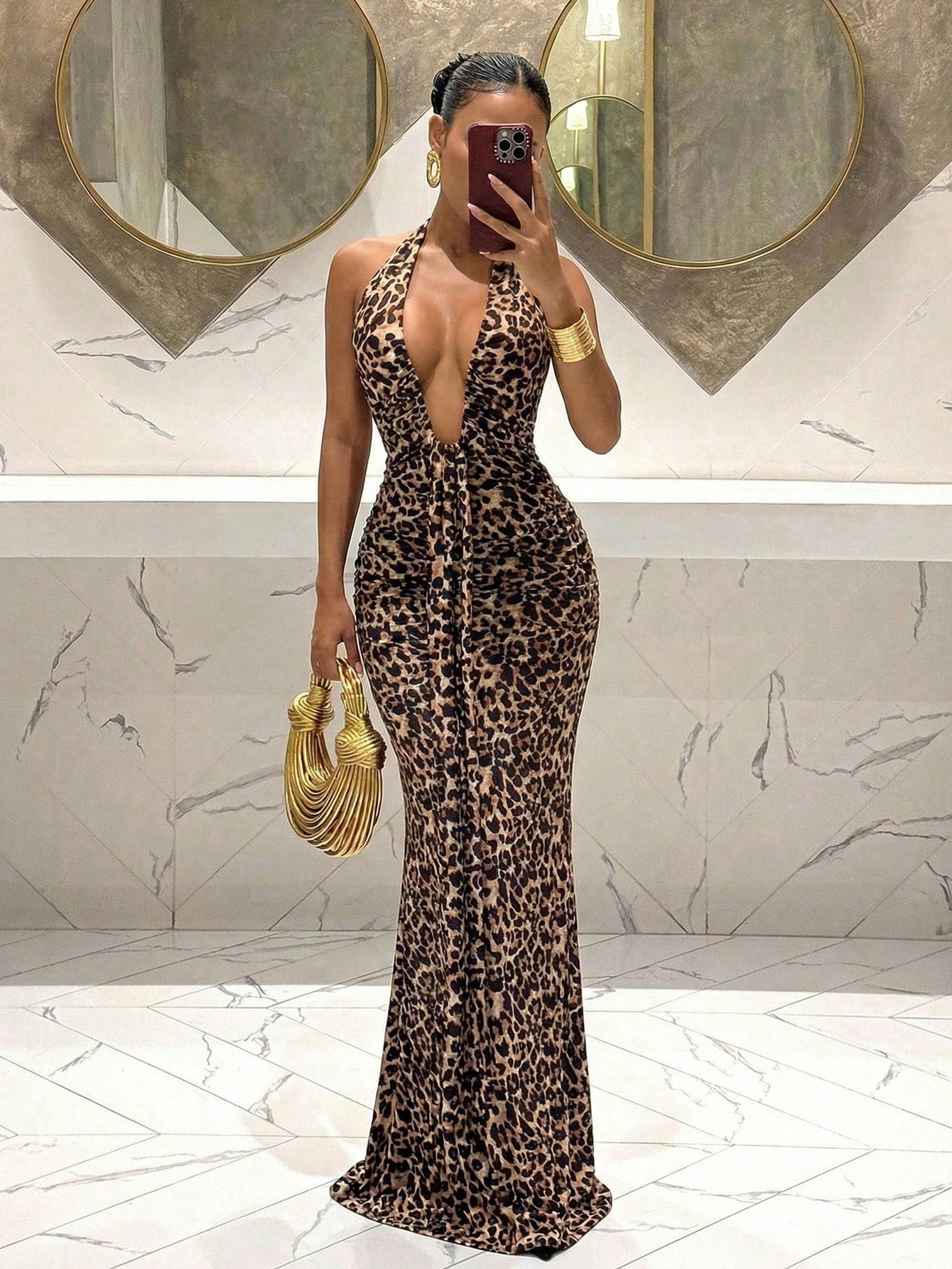 Slaydiva Beige Summer 70s Party Night Vacation Elegant Sexy Deep V-Neck Mermaid Dress Leopard Print Suitable For Birthday Bar Nightclub Valentine's Day Women