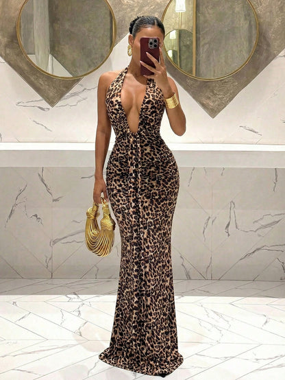 Slaydiva Beige Summer 70s Party Night Vacation Elegant Sexy Deep V-Neck Mermaid Dress Leopard Print Suitable For Birthday Bar Nightclub Valentine's Day Women