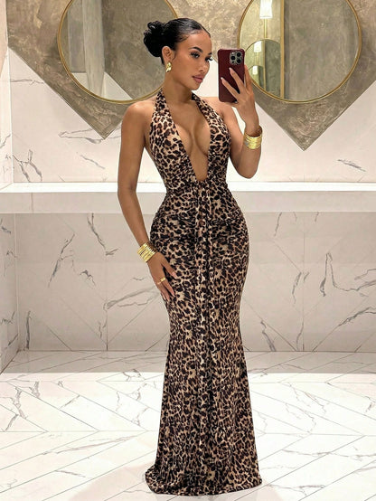 Slaydiva Beige Summer 70s Party Night Vacation Elegant Sexy Deep V-Neck Mermaid Dress Leopard Print Suitable For Birthday Bar Nightclub Valentine's Day Women