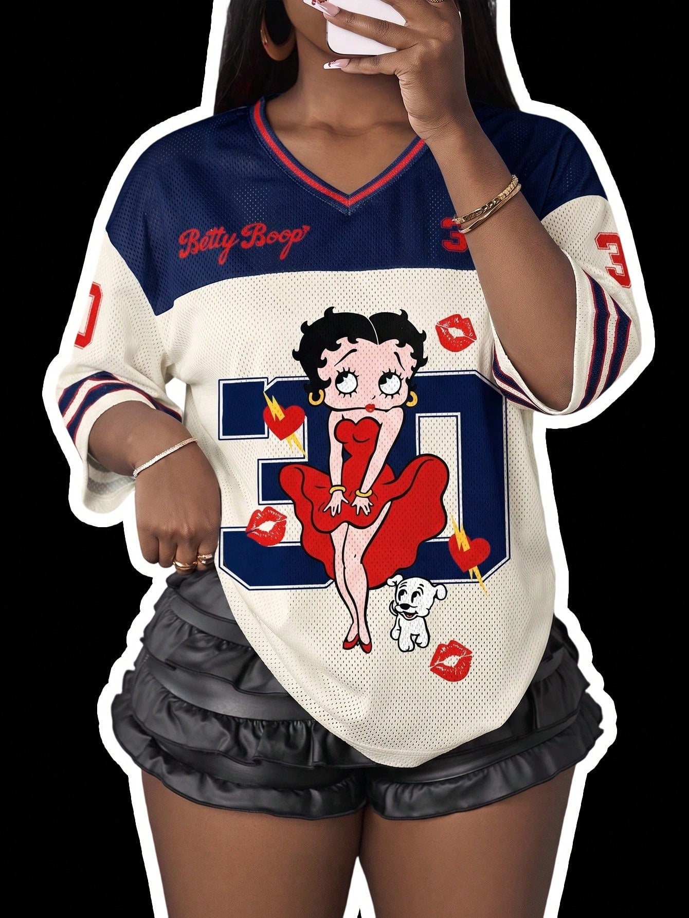 Slaydiva Betty Boop x Casual Colorblock Patchwork Cartoon Print V-Neck Plus Size T-Shirt For Summer
