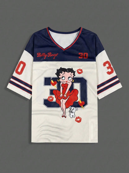 Slaydiva Betty Boop x Casual Colorblock Patchwork Cartoon Print V-Neck Plus Size T-Shirt For Summer