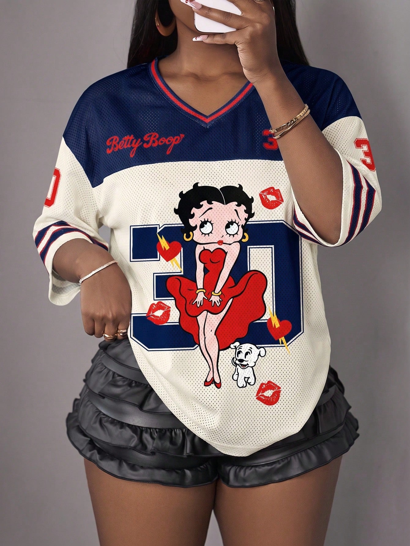 Slaydiva Betty Boop x Casual Colorblock Patchwork Cartoon Print V-Neck Plus Size T-Shirt For Summer