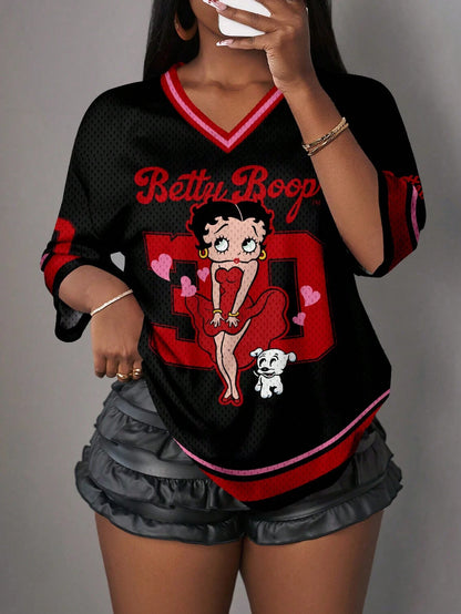 Slaydiva Betty Boop x Plus Size Casual Cute Black & Red Contrast V-Neck Loose Dropped Shoulder Minimalist V-Neck T-Shirt, Suitable For Summer