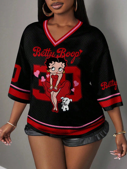 Slaydiva Betty Boop x Plus Size Casual Cute Black & Red Contrast V-Neck Loose Dropped Shoulder Minimalist V-Neck T-Shirt, Suitable For Summer