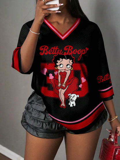 Slaydiva Betty Boop x Plus Size Casual Cute Black & Red Contrast V-Neck Loose Dropped Shoulder Minimalist V-Neck T-Shirt, Suitable For Summer