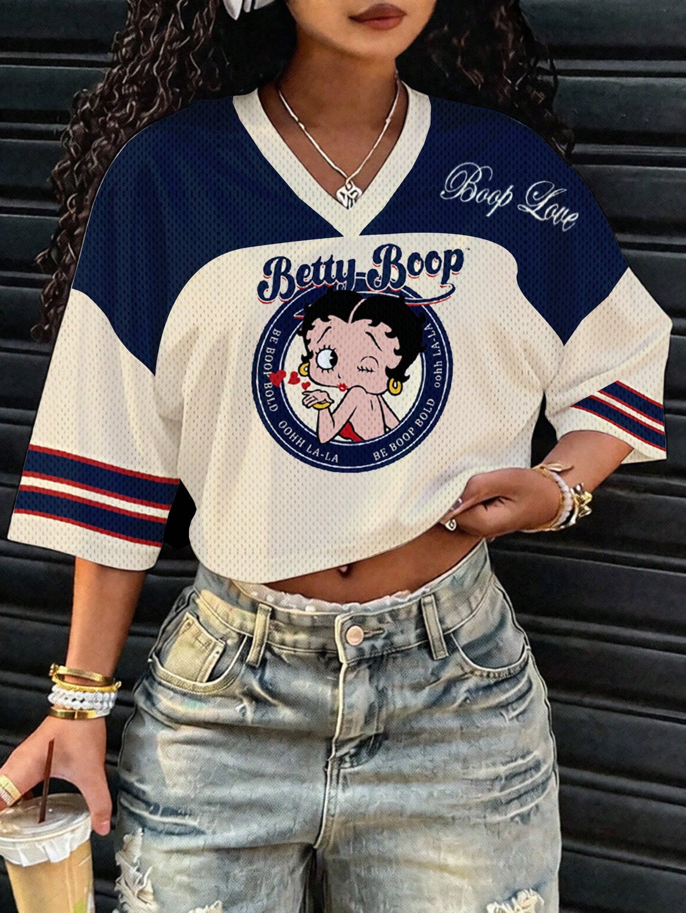 Slaydiva Betty Boop x Plus Size Women V-Neck Cartoon Letter Print Casual Versatile Daily Wear T-Shirt