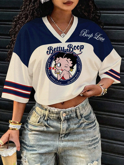 Slaydiva Betty Boop x Plus Size Women V-Neck Cartoon Letter Print Casual Versatile Daily Wear T-Shirt