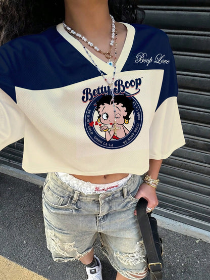 Slaydiva Betty Boop x Plus Size Women V-Neck Cartoon Letter Print Casual Versatile Daily Wear T-Shirt