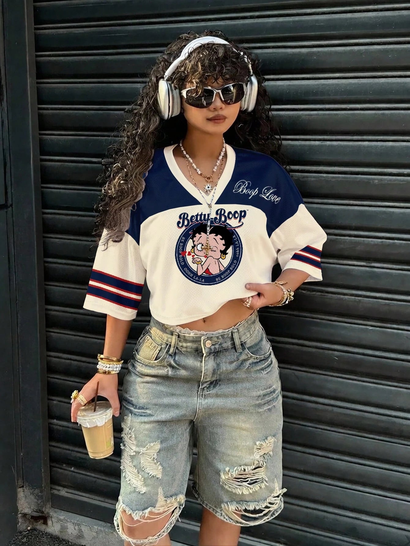 Slaydiva Betty Boop x Plus Size Women V-Neck Cartoon Letter Print Casual Versatile Daily Wear T-Shirt