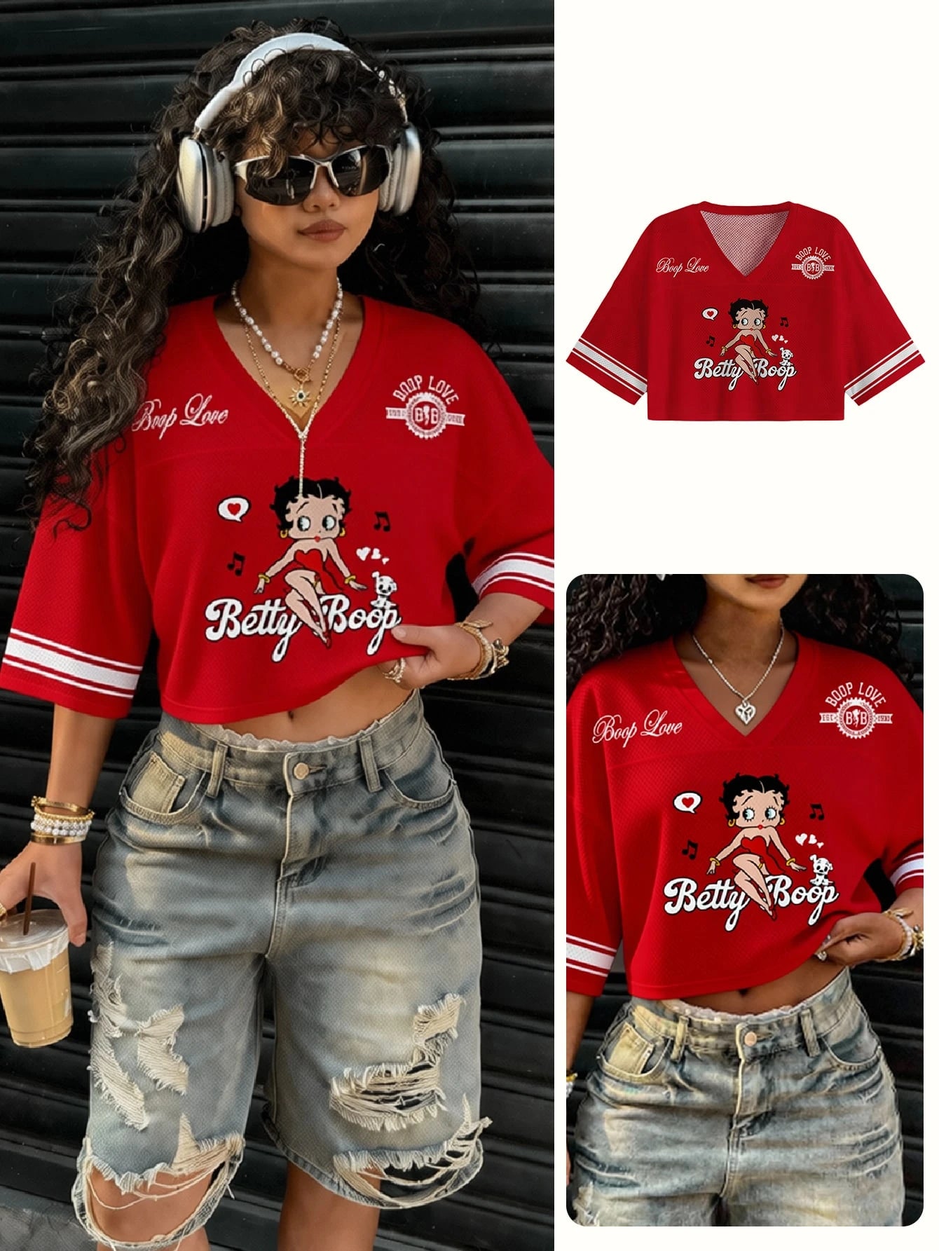 Slaydiva Betty Boop x Plus Size Women V-Neck Cartoon Letter Print Casual Versatile Daily Wear T-Shirt