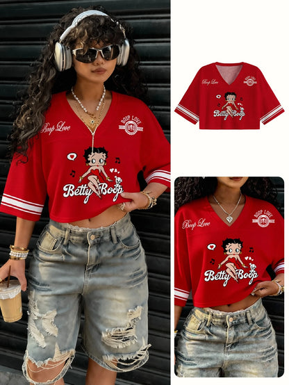 Slaydiva Betty Boop x Plus Size Women V-Neck Cartoon Letter Print Casual Versatile Daily Wear T-Shirt