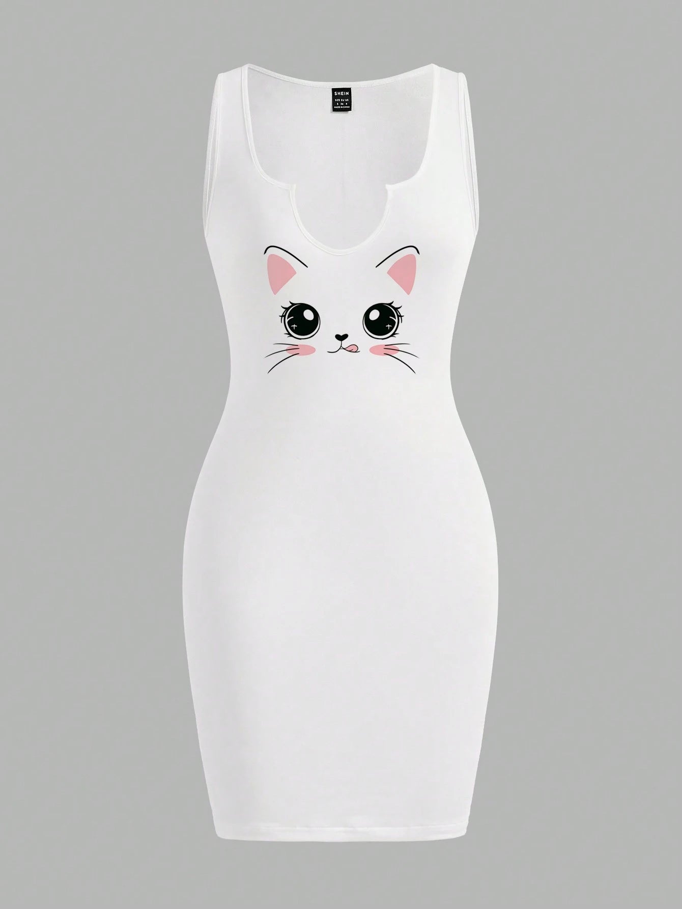 Slaydiva Casual Cute Pink Kitty Print Sleeveless V-Neck Bodycon Dress For Women, Summer Suitable For Going Out Chic Dress